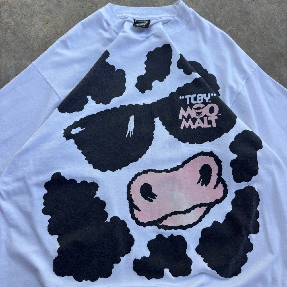 Vintage 90s Screen Stars TCBY Moo Malt Cow AOP Single Stitch White XL (g4)